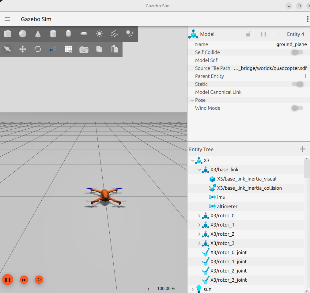 X3 quadcopter running in Gazebo Sim